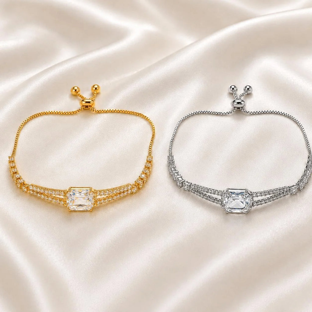Pulseira Ajustável Dupla Corrente com Pedra Retangular Central Zircônia Brilhante | Pulseira Feminina Dourada e Prateada Acessório Luxuoso para Presente