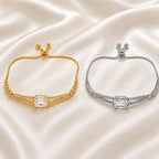 Pulseira Ajustável Dupla Corrente com Pedra Retangular Central Zircônia Brilhante | Pulseira Feminina Dourada e Prateada Acessório Luxuoso para Presente