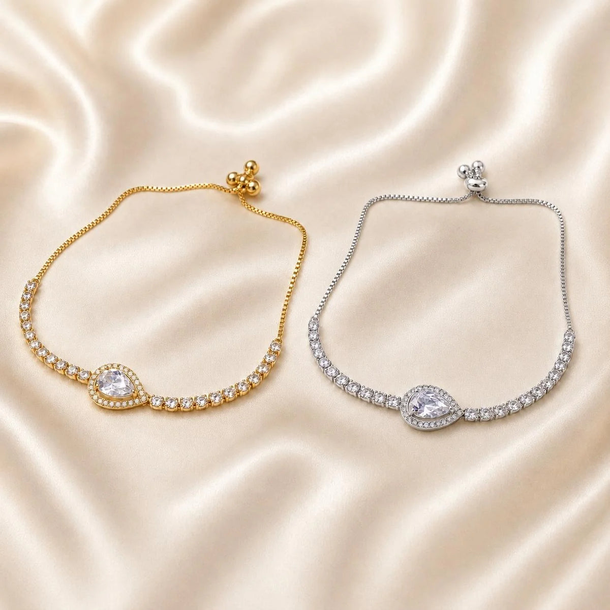 Pulseira Ajustável com Pedra Zircônia em Forma de Gota e Corrente Cheia de Cristais | Pulseira Feminina Dourada e Prateada Acessório Delicado para Presente
