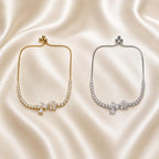 Pulseira Ajustável Duas Flores com Zircônias Brilhantes | Pulseira Feminina Dourada e Prateada Acessório Delicado Luxuoso para Presente