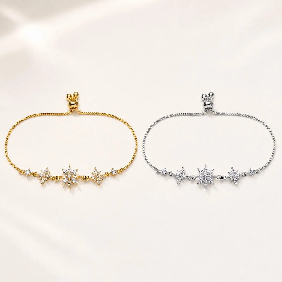 Pulseira Ajustável de Flocos de Neve com Zircônias Brilhantes | Pulseira Feminina Dourada e Prateada Acessório Delicado para Presente