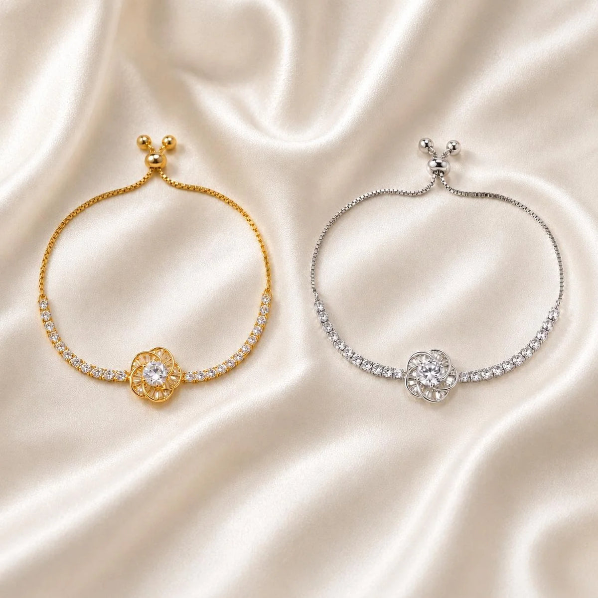 Pulseira Ajustável Flor Camélia Oca com Zircônias Brilhantes | Pulseira Feminina Dourada e Prateada Acessório Delicado Luxuoso para Presente