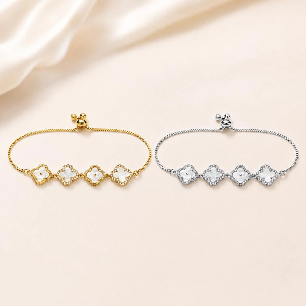 Pulseira Trevo Quatro Folhas com Madrepérola e Zircônias Ajustável | Pulseira Feminina Dourada e Prateada Acessório Delicado Presente