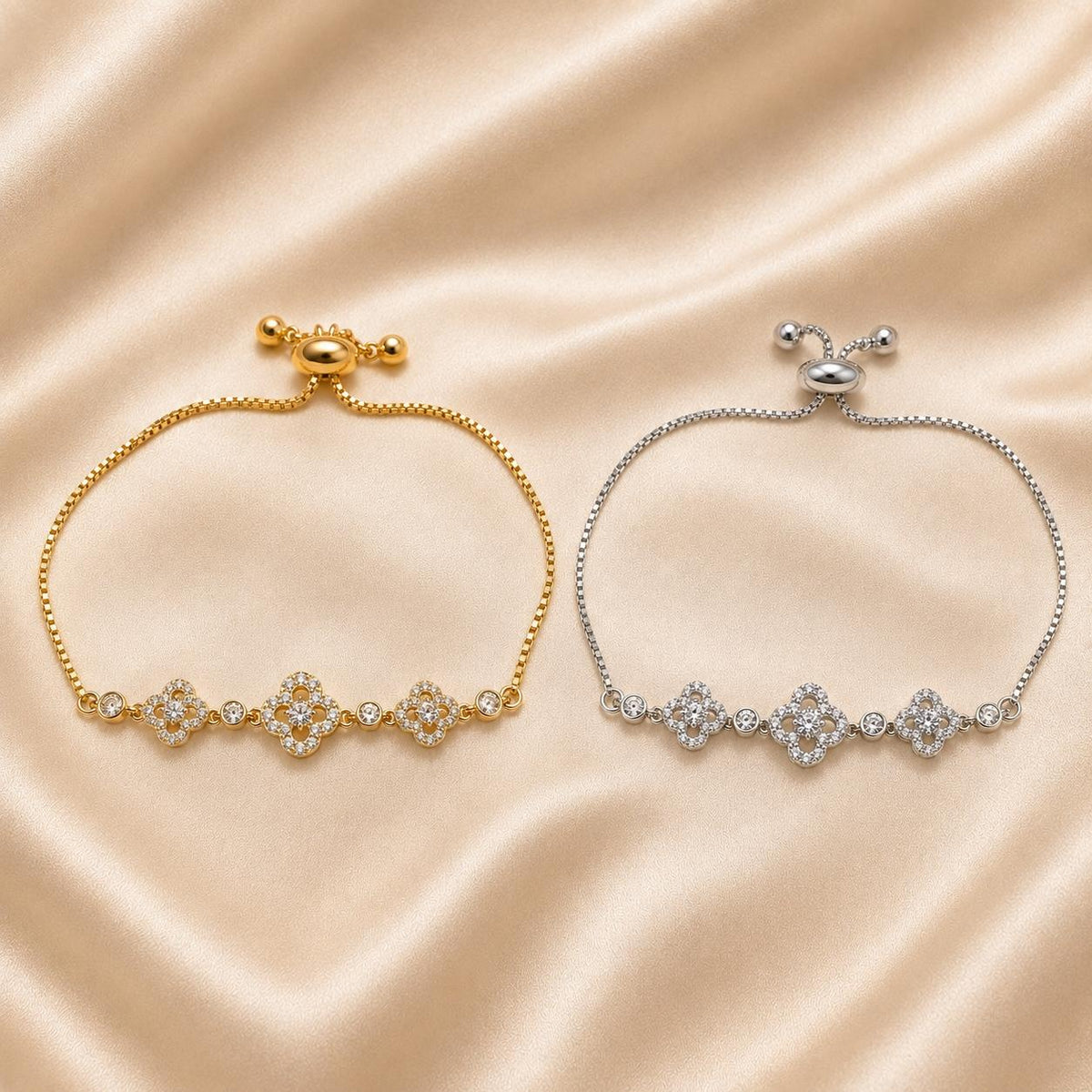 Pulseira Ajustável com Três Trevos Ocos Cravejados de Zircônias | Pulseira Feminina Dourada e Prateada Acessório Delicado Elegante Ideal para Presente