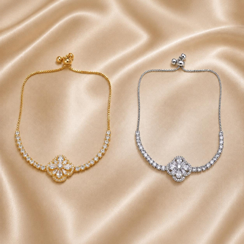 Pulseira Ajustável Trevo de Quatro Folhas com Zircônias Brilhantes | Pulseira Feminina Dourada e Prateada Acessório Sofisticado Presente para Mulher