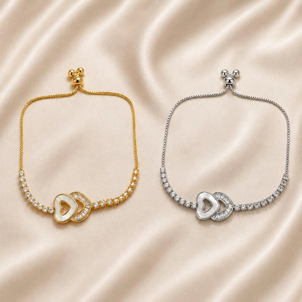 Pulseira Ajustável Coração Duplo Oco com Madrepérola e Zircônias Retangulares | Pulseira Feminina Dourada e Prateada Acessório Sofisticado Romântico para Presente