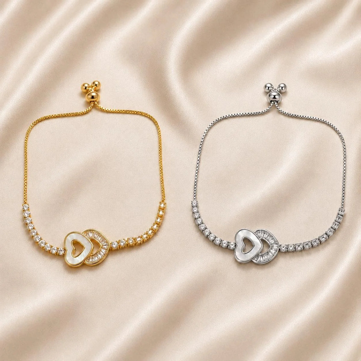 Pulseira Ajustável Coração Duplo Oco com Madrepérola e Zircônias Retangulares | Pulseira Feminina Dourada e Prateada Acessório Sofisticado Romântico para Presente
