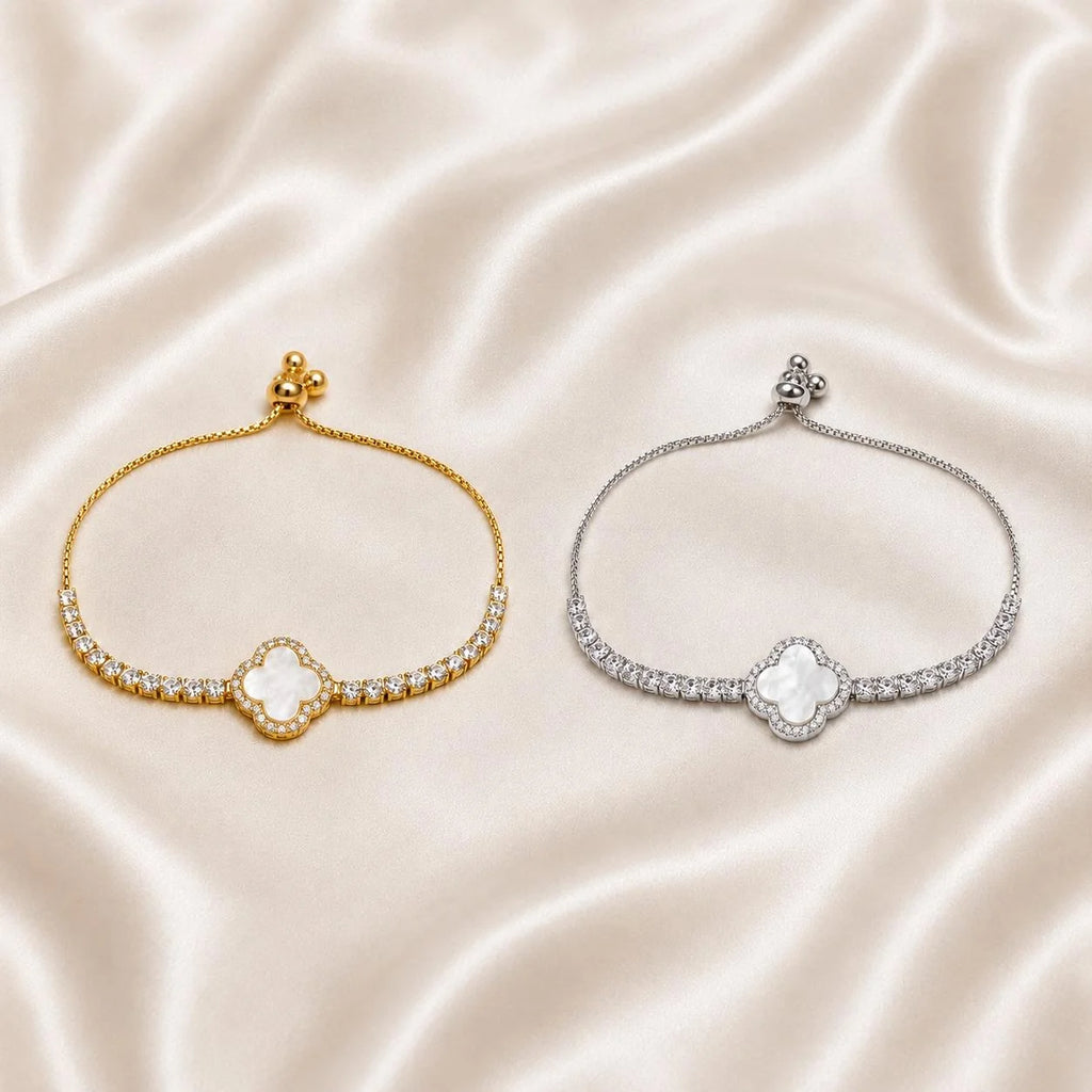 Pulseira Ajustável Trevo de Quatro Folhas com Madrepérola e Zircônias | Pulseira Feminina Dourada e Prateada Acessório Elegante para Presente