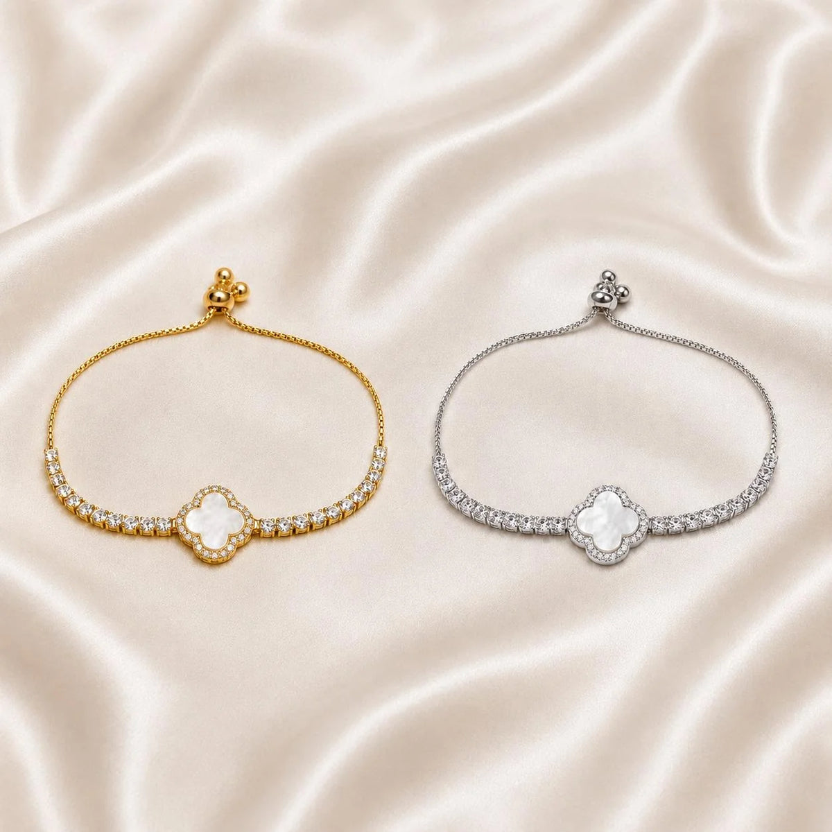Pulseira Ajustável Trevo de Quatro Folhas com Madrepérola e Zircônias | Pulseira Feminina Dourada e Prateada Acessório Elegante para Presente