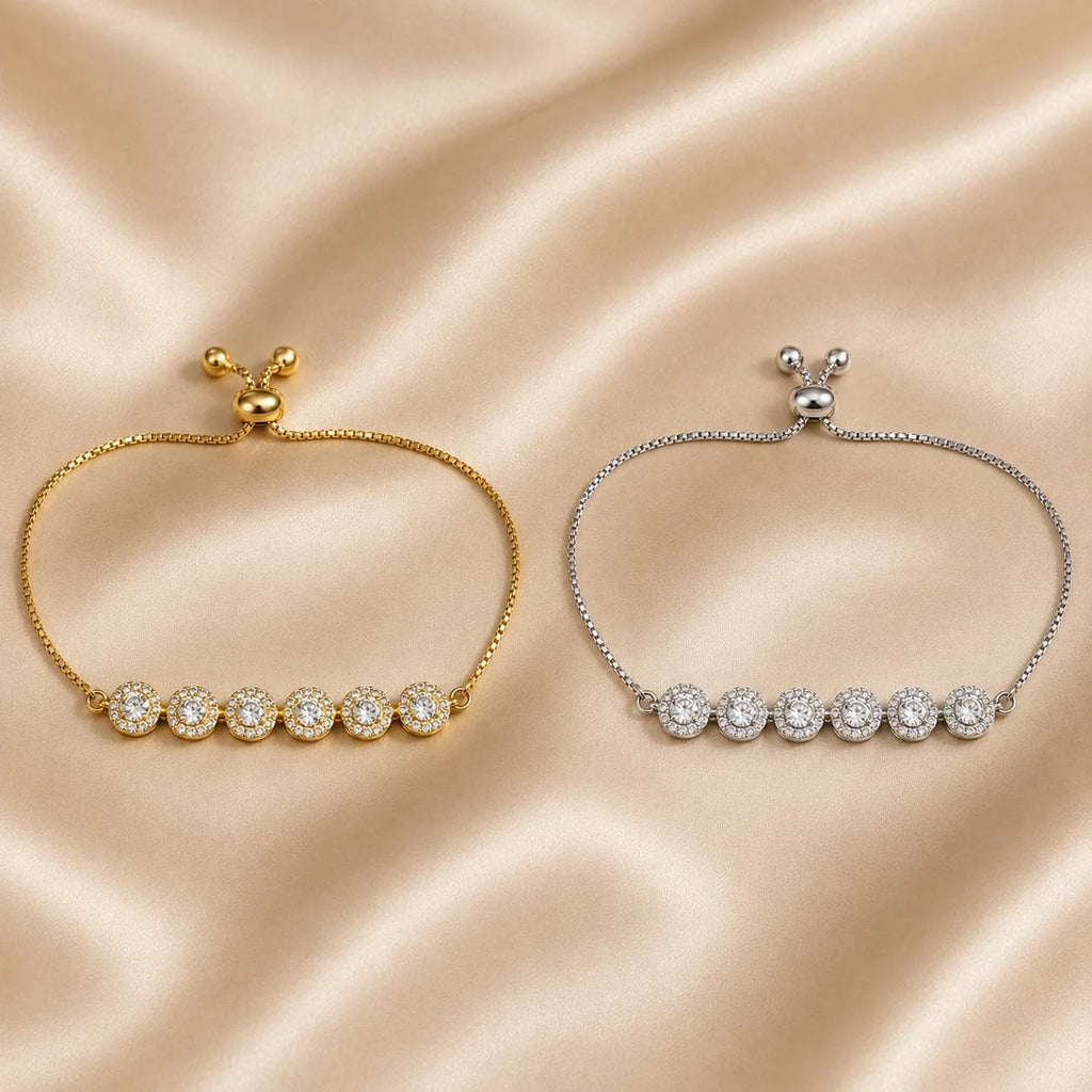 Pulseira Ajustável com Seis Pedras Zircônias Circulares Brilhantes | Pulseira Feminina Dourada e Prateada Acessório Elegante Delicado para Presente
