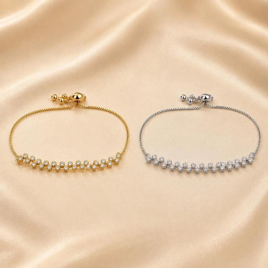 Pulseira Ajustável Fileira de Flores com Zircônias Brilhantes | Pulseira Feminina Dourada e Prateada Acessório Delicado Luxuoso Presente para Mulher