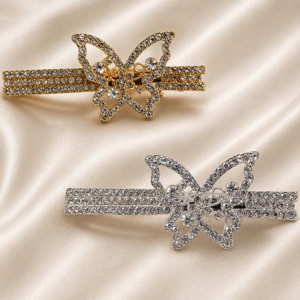 Presilha Borboleta Vazada com Zircônias Brilhantes | Grampo Dourado e Prateado Acessório Feminino Elegante para Cabelo