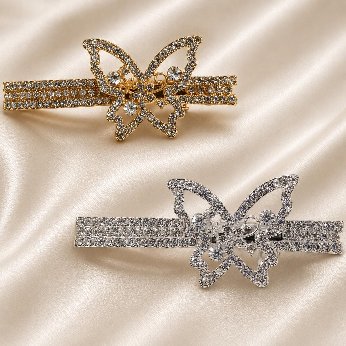 Presilha Borboleta Vazada com Zircônias Brilhantes | Grampo Dourado e Prateado Acessório Feminino Elegante para Cabelo