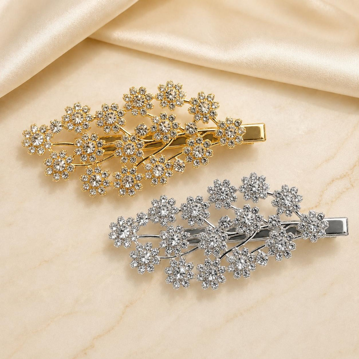 Presilha Ramalho de Flores Cheia de Zircônias Delicada | Grampo Dourado e Prateado Acessório Feminino para Dia a Dia e Festas
