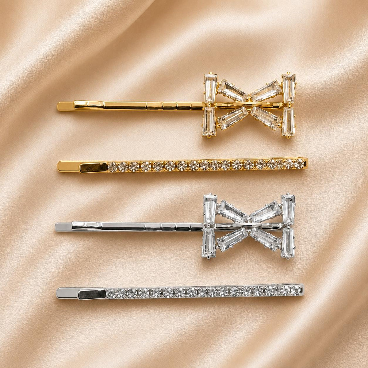 Kit Grampo de Cabelo Laço com Zircônia 2 Peças | Presilha Feminina Delicada Dourado e Prateado