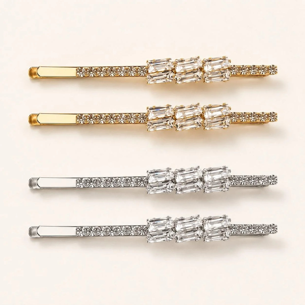 Kit 2 Presilhas de Cabelo com Zircônias Retangulares | Presilha Feminina Elegante Dourado e Prateado