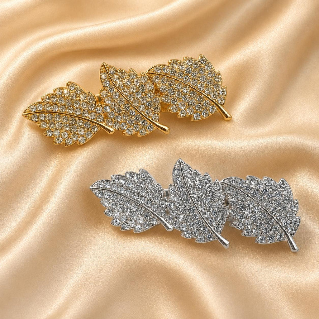 Presilha Três Folhas Cheia de Zircônias | Grampo Elegante Dourado e Prateado para Cabelo Uso Diário e Festas