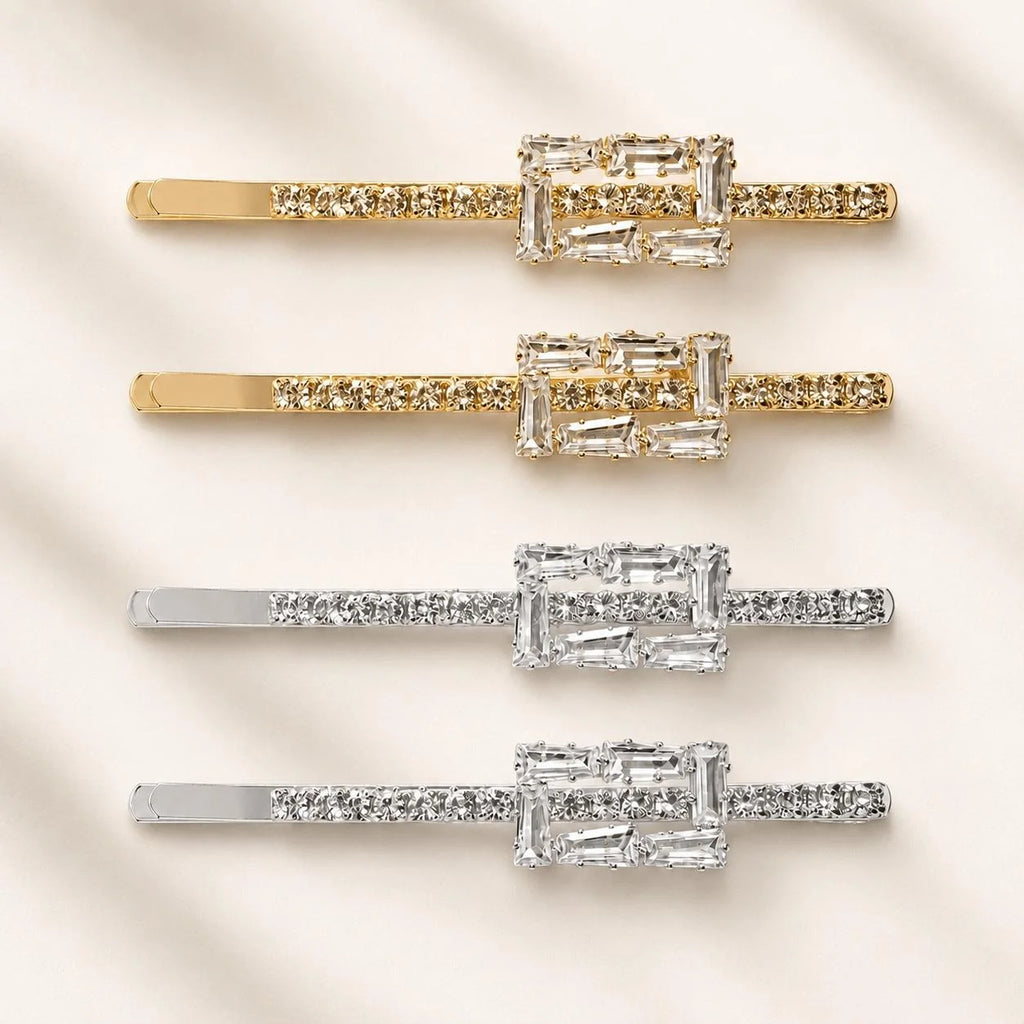 Kit 2 Presilhas de Cabelo Retângulo Duplo Zircônia | Presilha Feminina Elegante Dourado e Prateado
