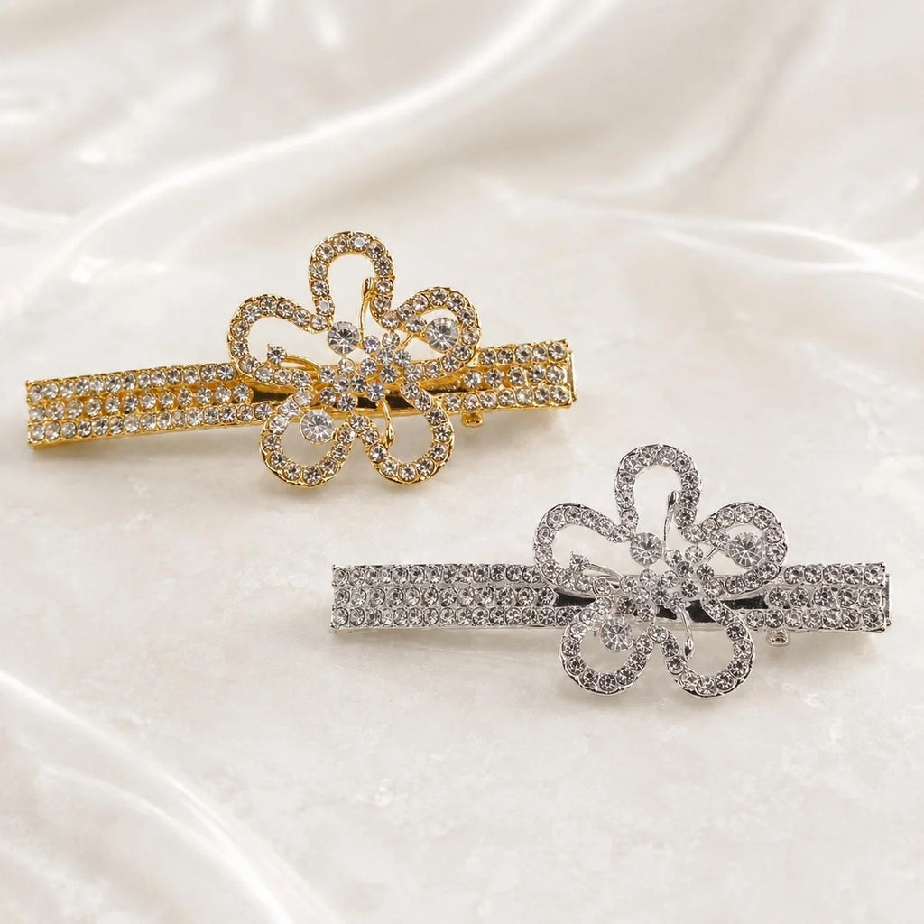 Presilha Flor Cinco Pétalas Oca Cheia de Zircônias | Grampo Elegante Dourado e Prateado para Cabelo Uso Diário e Festas