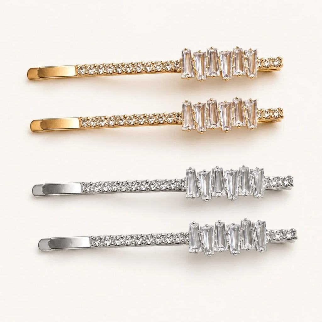 Kit 2 Presilhas de Cabelo Retângulo Zircônia | Presilha Feminina Elegante Dourado e Prateado