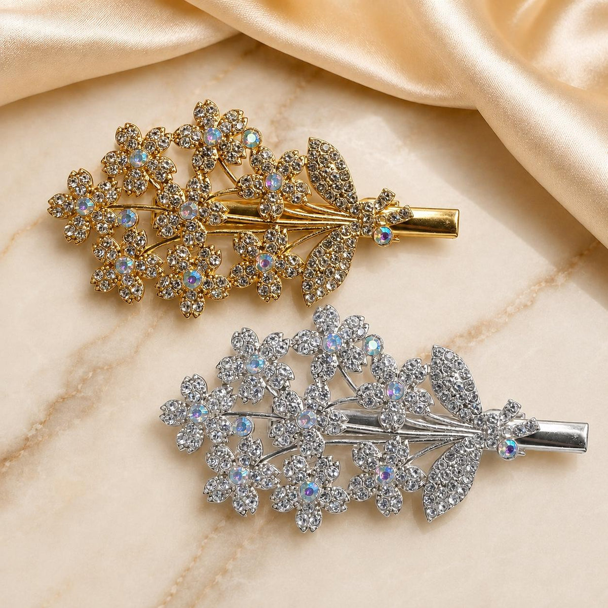 Presilha Ramalho Flor e Folha com Zircônias Iridescentes Elegante | Grampo Dourado e Prateado Acessório Feminino para Dia a Dia e Festas