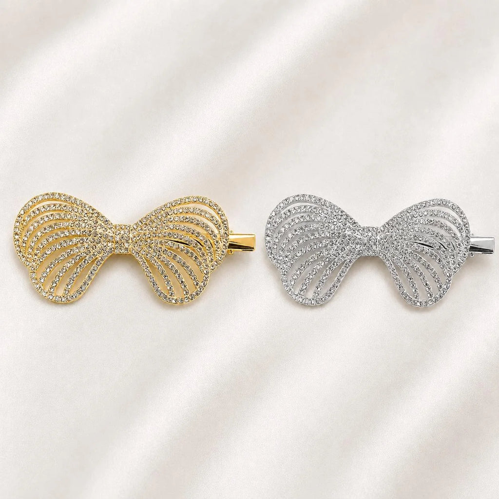 Presilha Laço em Leque Vazado com Zircônias Brilhantes Elegante | Grampo Dourado e Prateado Acessório Feminino para Cabelo Festas e Dia a Dia