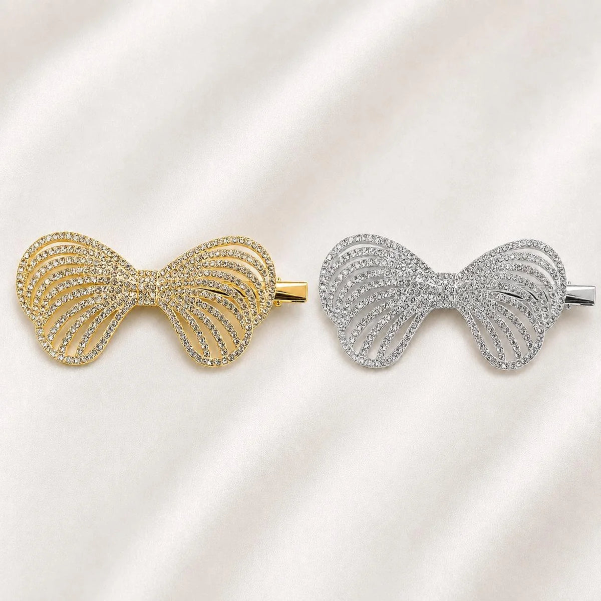Presilha Laço em Leque Vazado com Zircônias Brilhantes Elegante | Grampo Dourado e Prateado Acessório Feminino para Cabelo Festas e Dia a Dia