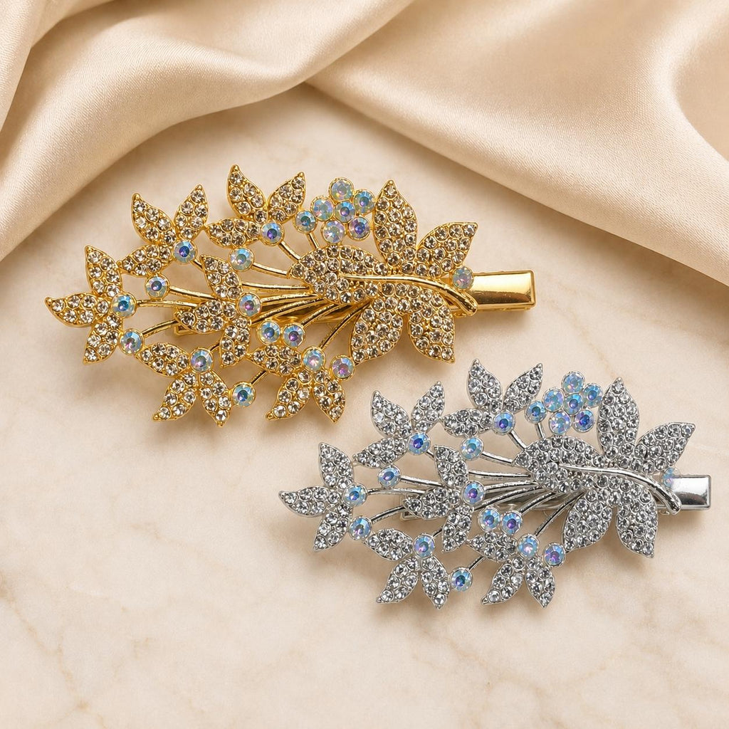 Presilha Folhas com Zircônias Coloridas Sofisticada | Grampo Dourado e Prateado Acessório Feminino para Dia a Dia e Festas