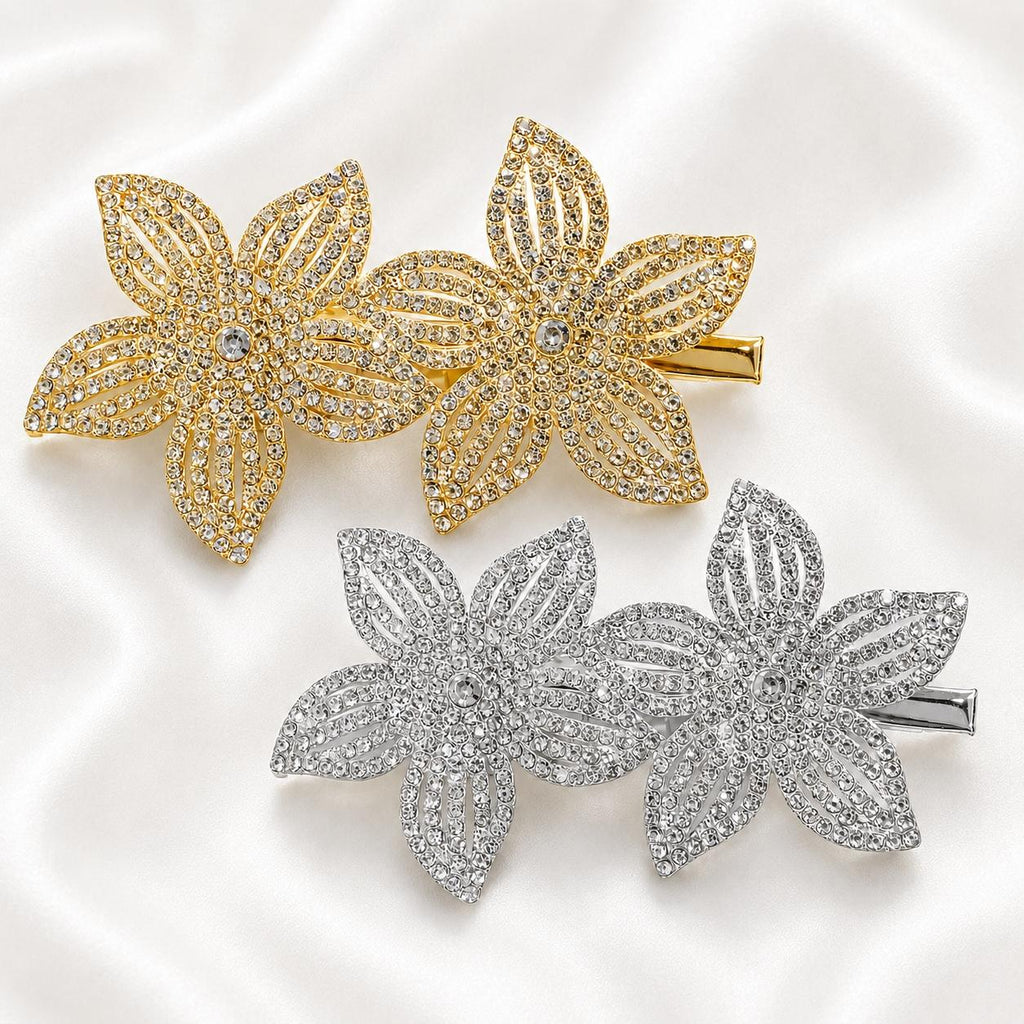 Presilha Duas Flores Cinco Pétalas Vazadas com Zircônias Brilhantes | Grampo Dourado e Prateado Acessório Feminino Elegante para Cabelo
