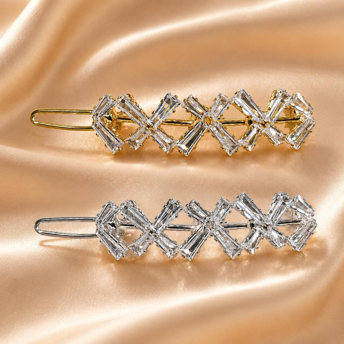 Presilha de Cabelo Cruzada com Zircônias Retangulares | Grampo Moderno Elegante Dourado e Prateado Para Todos Penteados