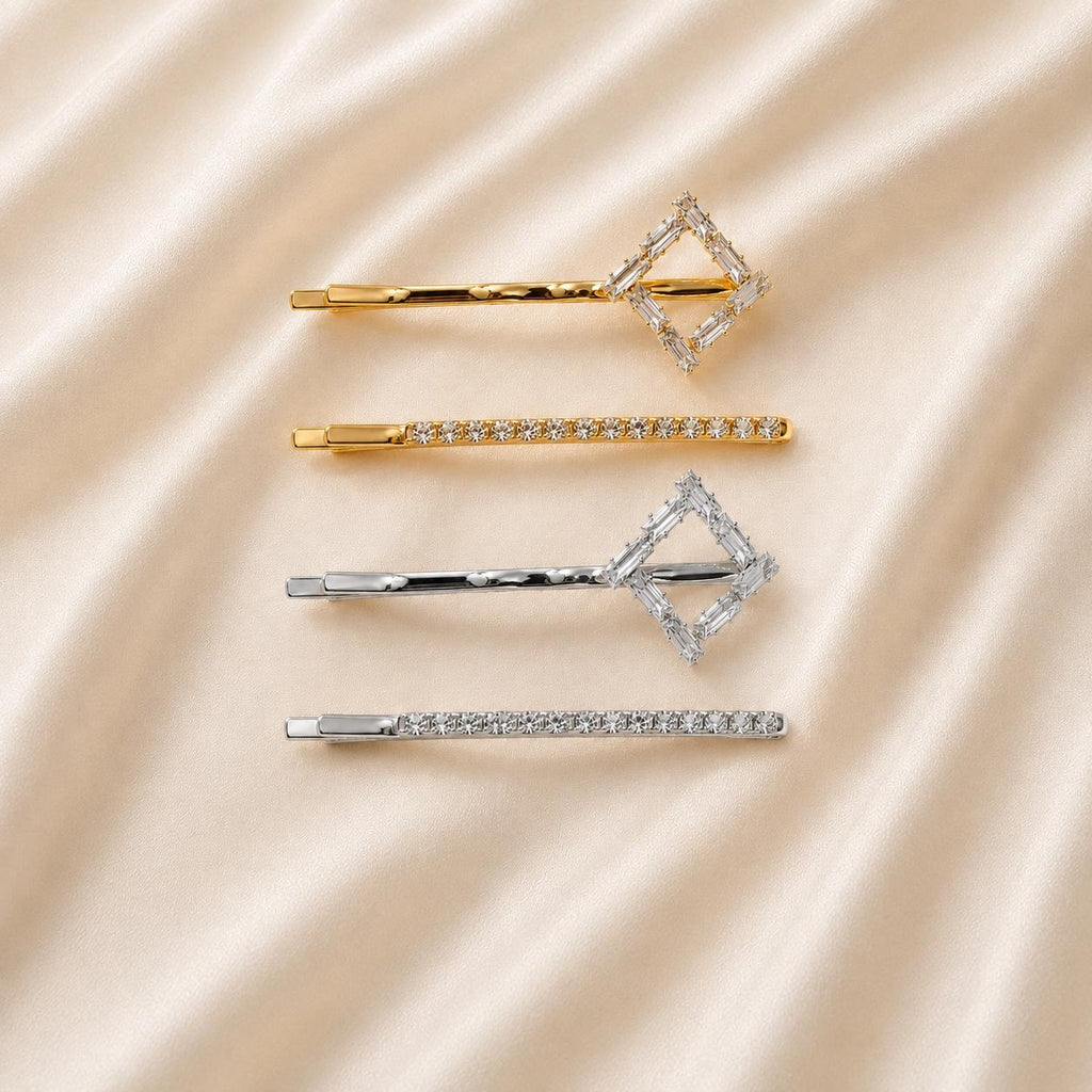 Kit Grampo de Cabelo Losango com Zircônia 2 Peças | Presilha Feminina Delicada Dourado e Prateado