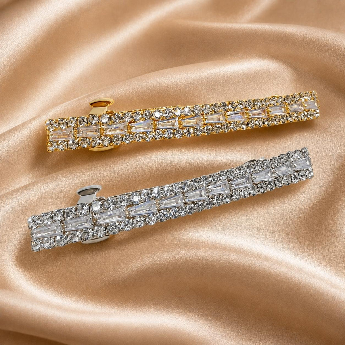 Presilha Longa Mista de Zircônias Redondas e Retangulares | Grampo Elegante Dourado e Prateado para Cabelo Dia a Dia e Festas