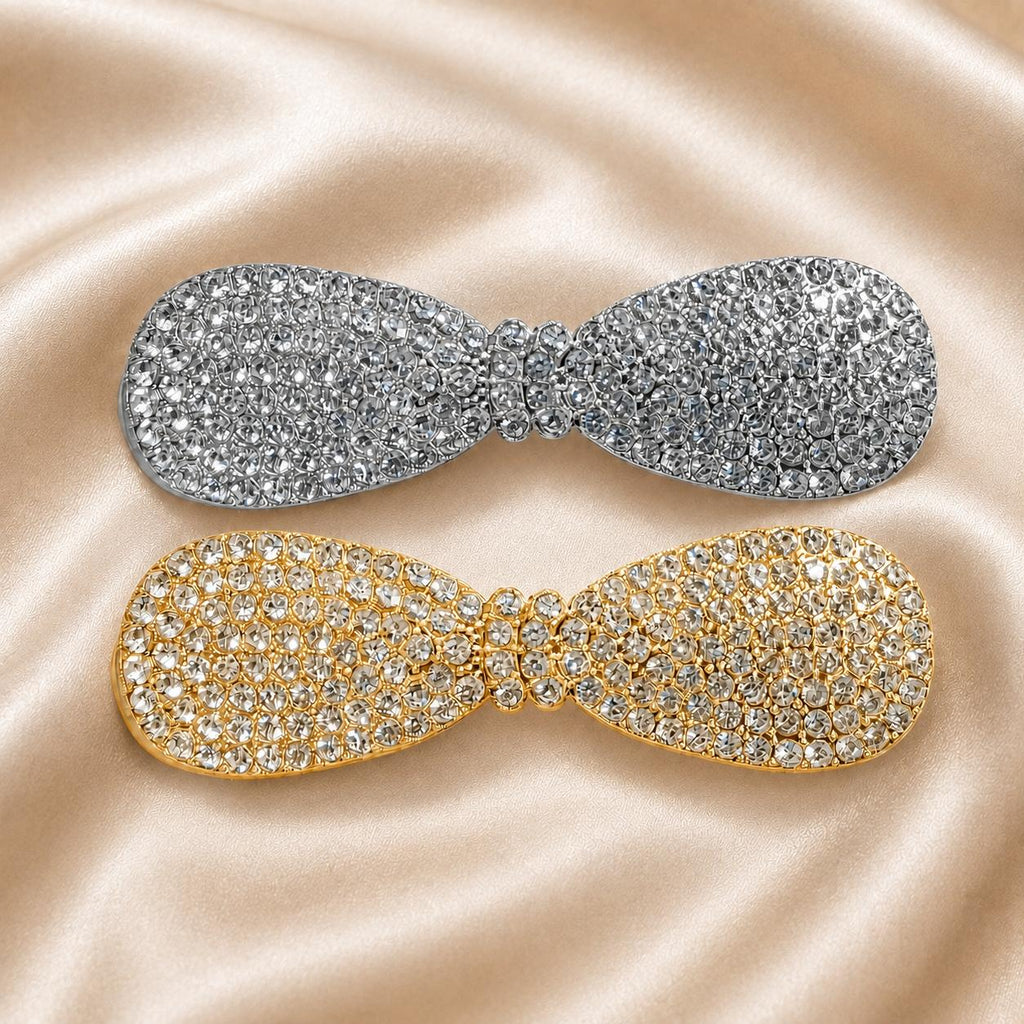 Presilha Laço Cheia de Zircônias Brilhantes | Grampo Elegante Dourado e Prateado para Cabelo Uso Diário e Festas