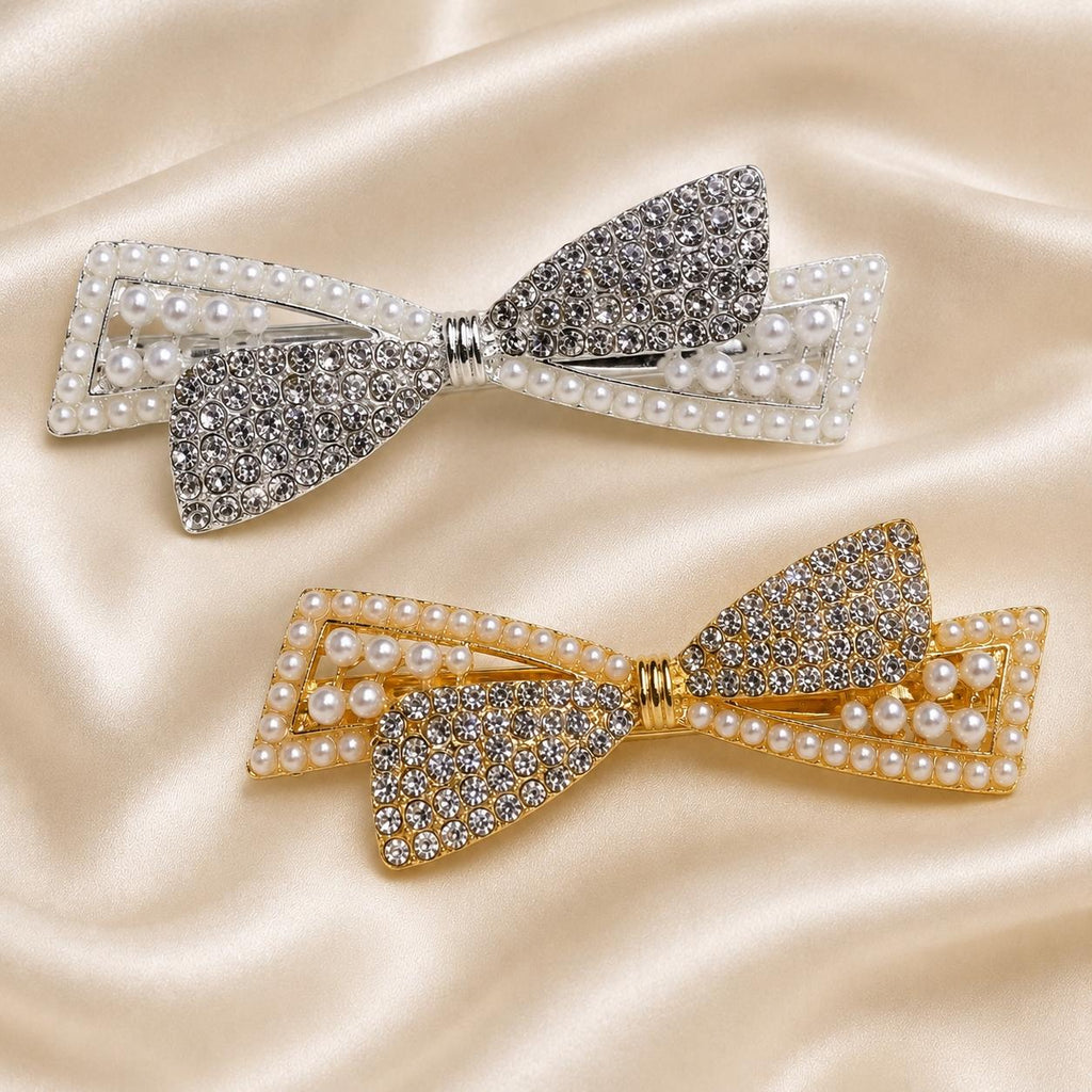 Presilha Laço com Pérolas e Zircônias Dupla Textura | Grampo Elegante Dourado e Prateado para Cabelo Dia a Dia e Festas