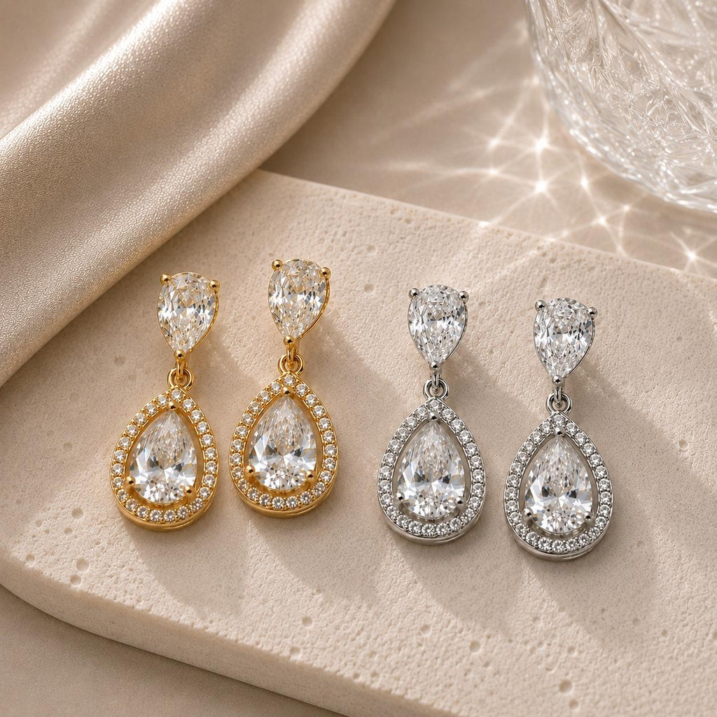 Brinco Gota Dupla com Zircônias Halo Elegância e Brilho Luxuoso Acessório Versátil para Glamour e Sofisticação