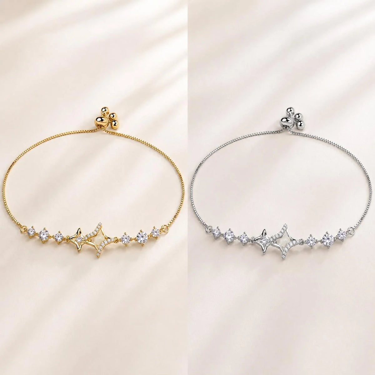 Pulseira Ajustável Estrela com Pedra Olho de Gato e Zircônias | Pulseira Feminina Dourada e Prateada Acessório Elegante para Presente
