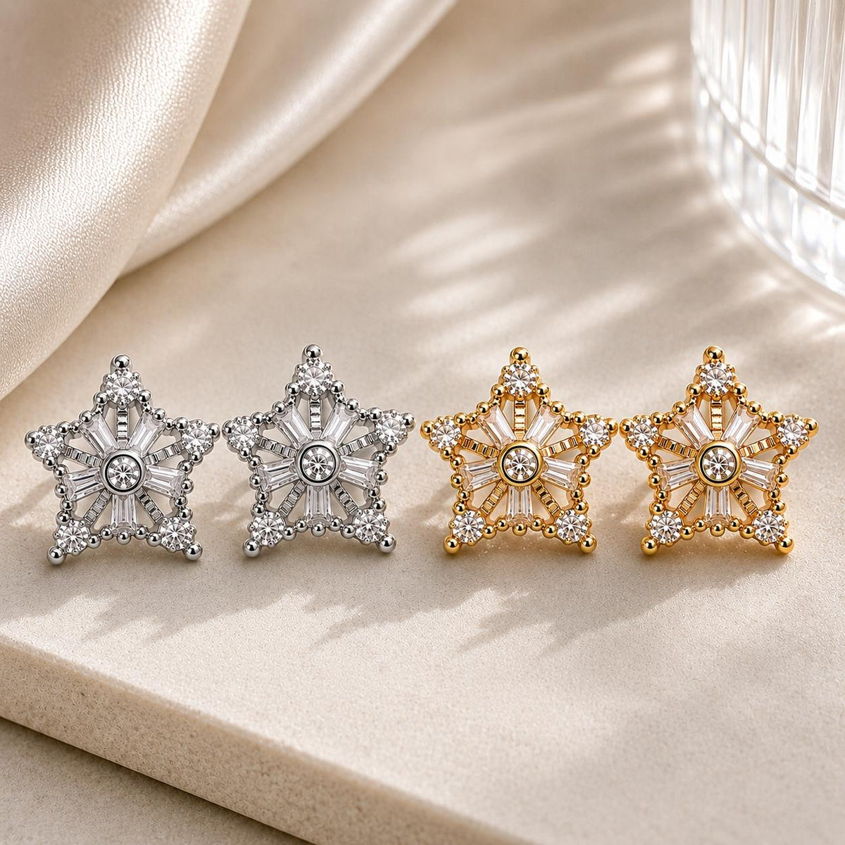 Brinco Estrela com Zircônias em Corte Baguete e Redondas Brilho Dinâmico Elegância para Ocasiões Especiais