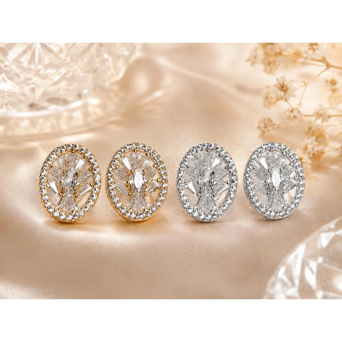 Brinco Oval com Zircônias Baguete e Halo de Brilho