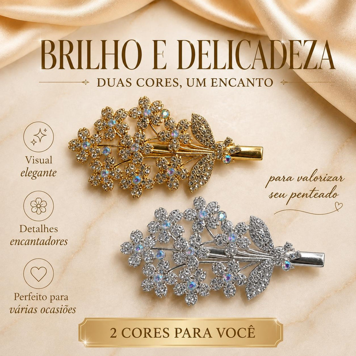 Presilha Ramalho Flor e Folha com Zircônias Iridescentes Elegante | Grampo Dourado e Prateado Acessório Feminino para Dia a Dia e Festas