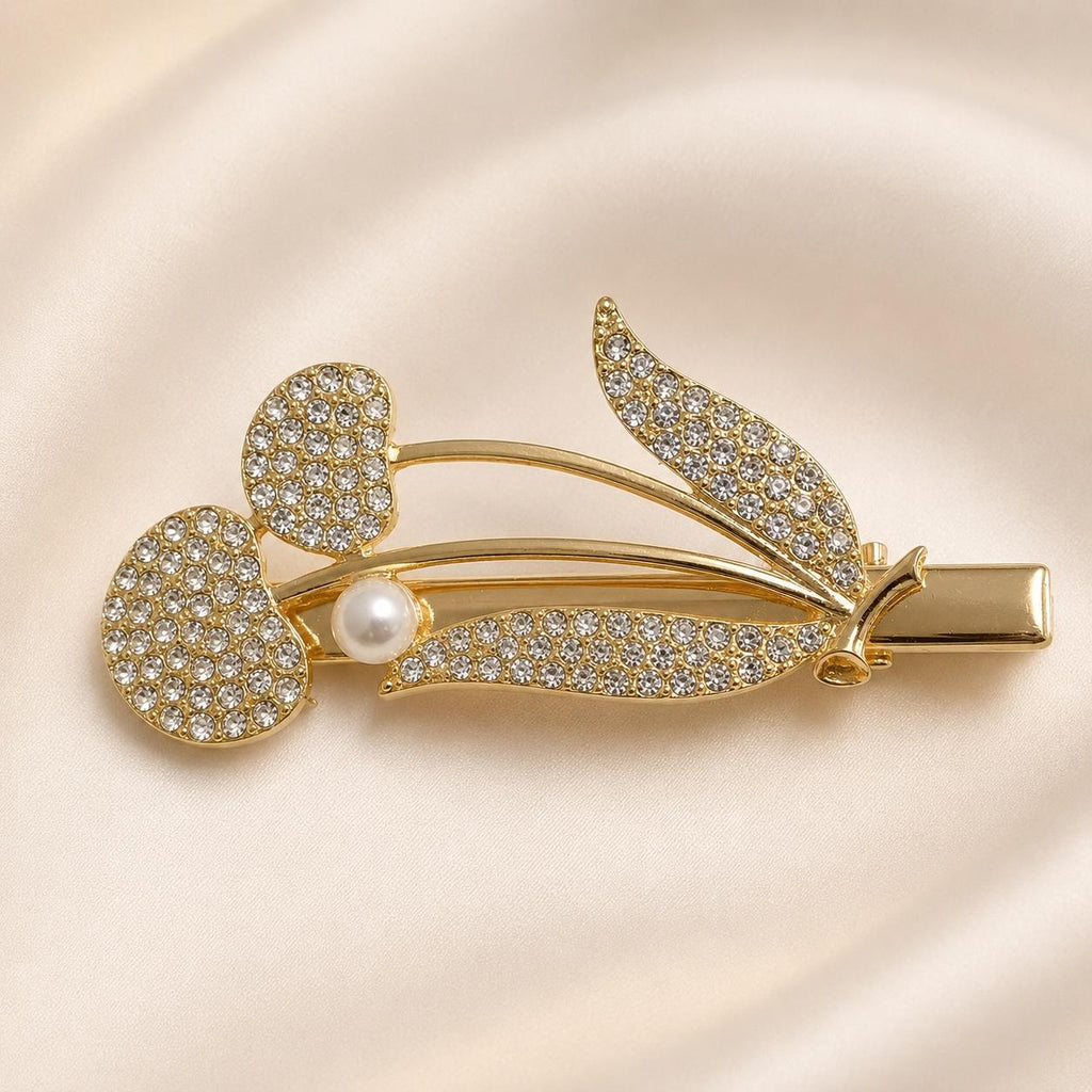 Presilha Duplo Coração e Folha com Pérola e Zircônias Delicada | Grampo Dourado e Prateado Acessório Feminino Elegante para Cabelo