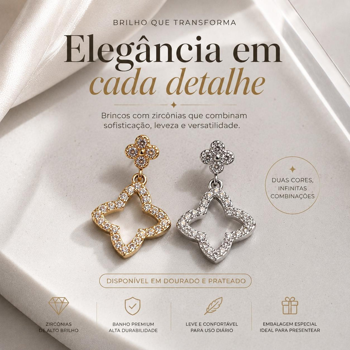 Brinco Trevo Pendente com Zircônias