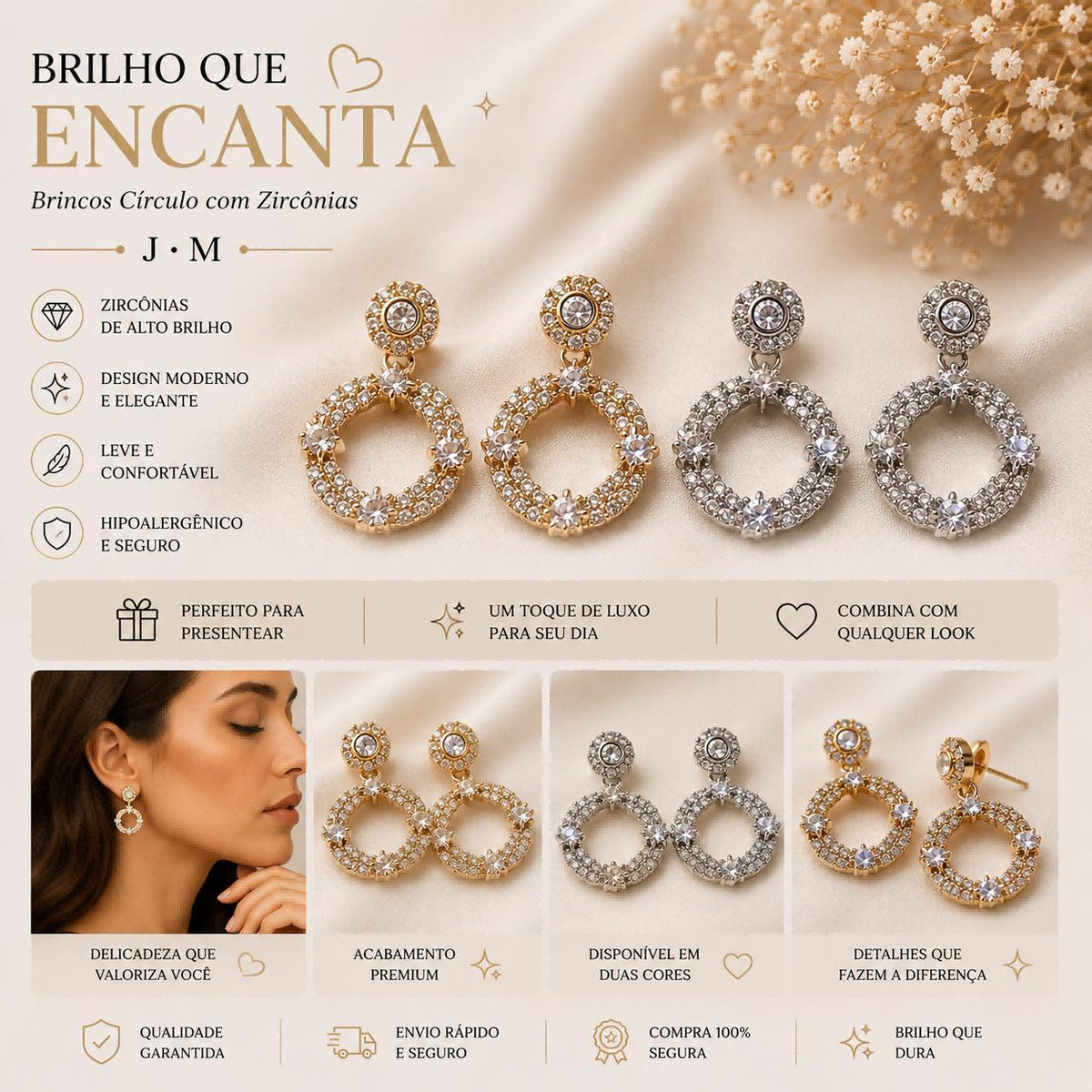 Brinco Pendente Círculo com Estrelas de Zircônia