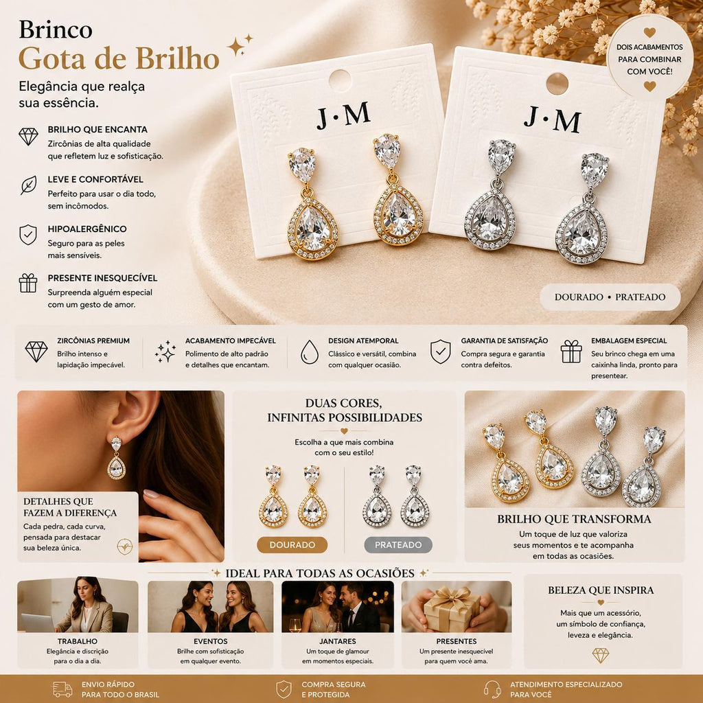 Brinco Gota Dupla com Zircônias Halo Elegância e Brilho Luxuoso Acessório Versátil para Glamour e Sofisticação
