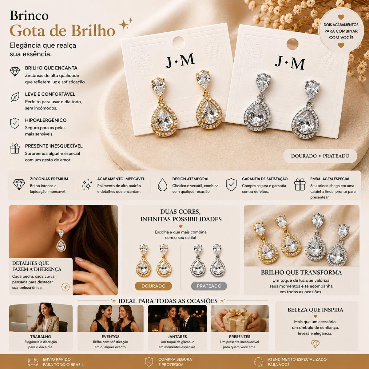 Brinco Gota Dupla com Zircônias Halo Elegância e Brilho Luxuoso Acessório Versátil para Glamour e Sofisticação