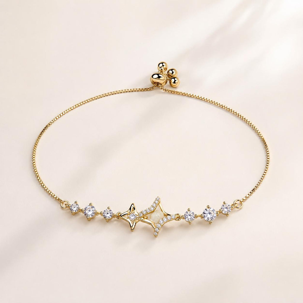 Pulseira Ajustável Estrela com Pedra Olho de Gato e Zircônias | Pulseira Feminina Dourada e Prateada Acessório Elegante para Presente