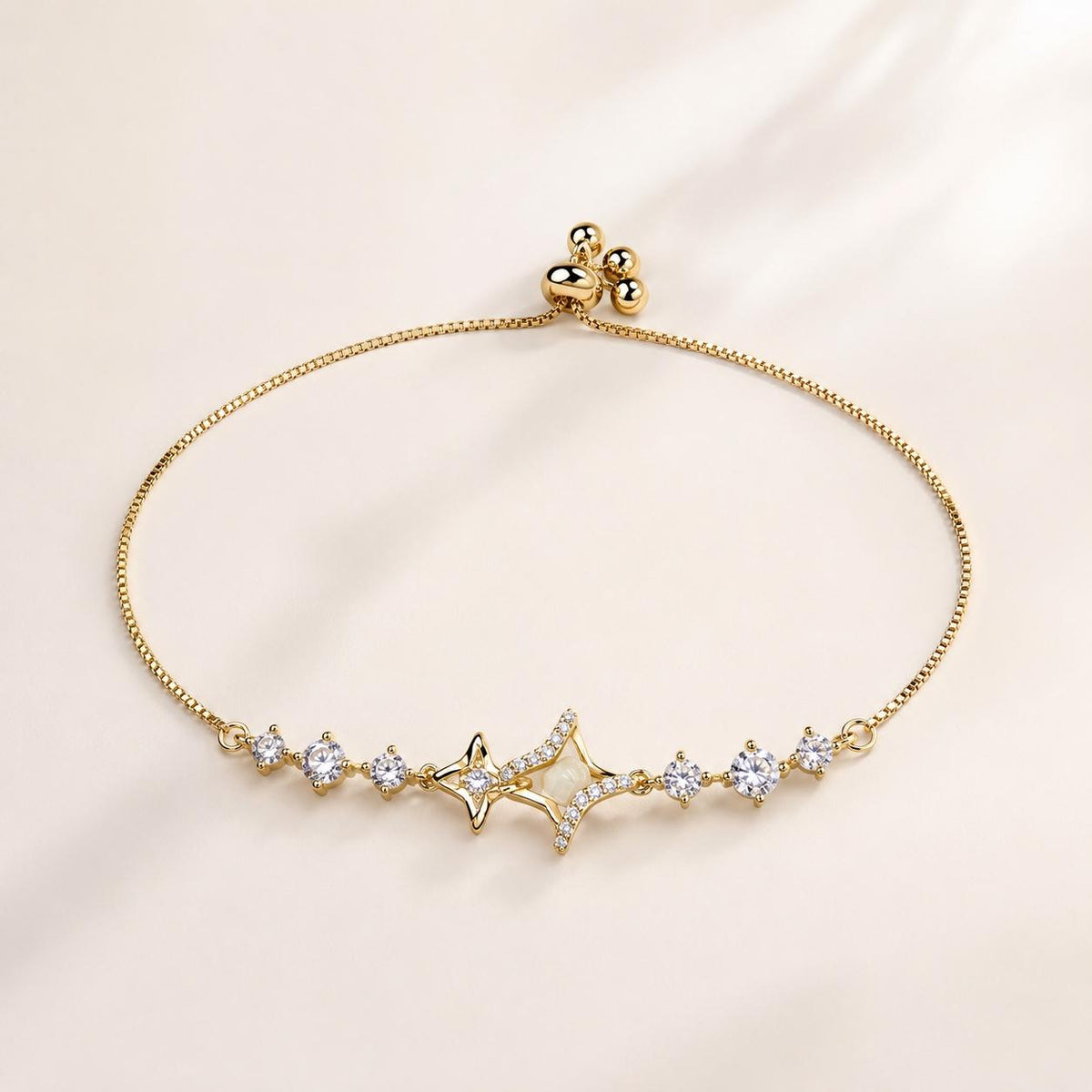 Pulseira Ajustável Estrela com Pedra Olho de Gato e Zircônias | Pulseira Feminina Dourada e Prateada Acessório Elegante para Presente