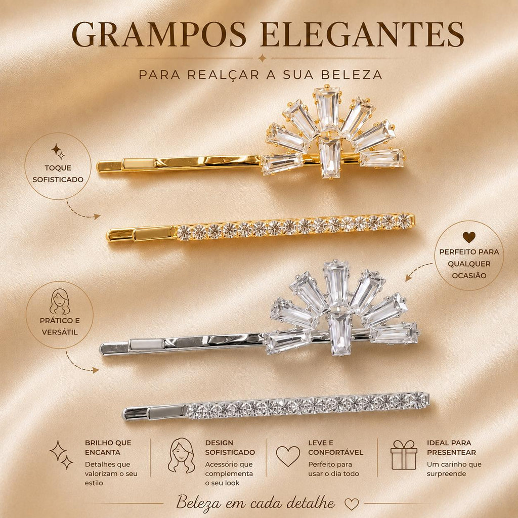 Kit Grampo de Cabelo Leque Zircônia 2 Peças | Presilha Feminina Elegante Dourado e Prateado