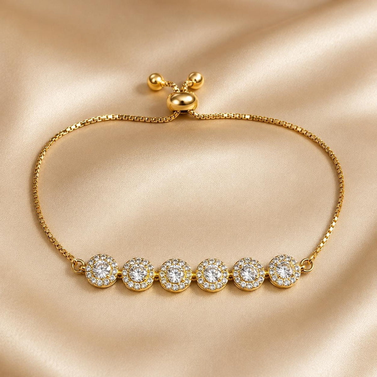 Pulseira Ajustável com Seis Pedras Zircônias Circulares Brilhantes | Pulseira Feminina Dourada e Prateada Acessório Elegante Delicado para Presente