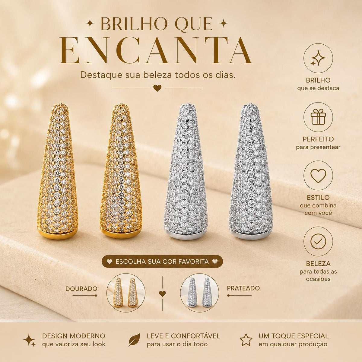 Brinco Cone Cravejado Brilhante Dourado/Prateado | Design Moderno, Confortável para Uso Diário e Presente