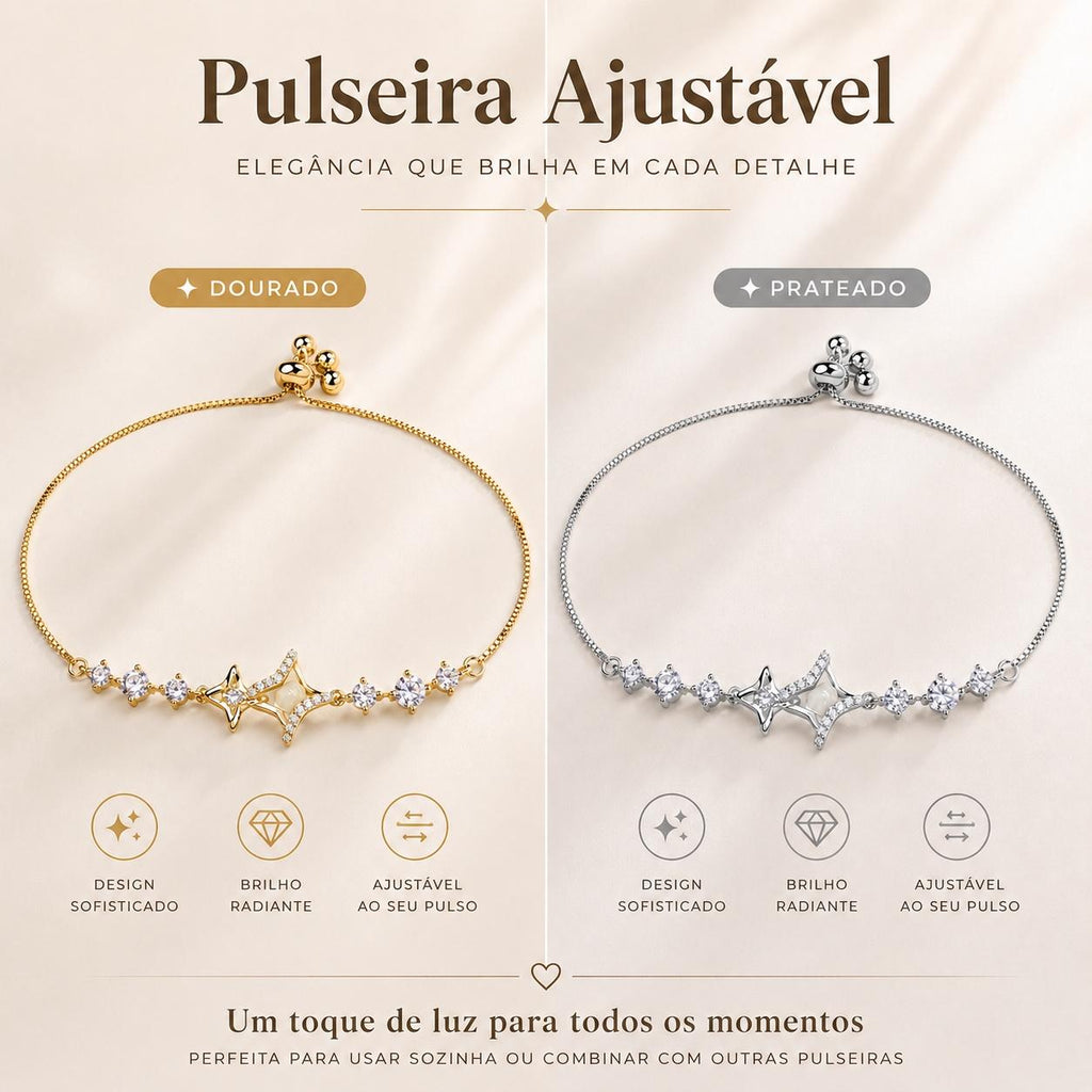 Pulseira Ajustável Estrela com Pedra Olho de Gato e Zircônias | Pulseira Feminina Dourada e Prateada Acessório Elegante para Presente